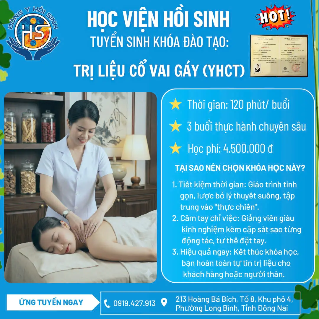 HỌC VIỆN HỒI SINH CHIÊU SINH KHÓA ĐÀO TẠO TRỊ LIỆU CỔ VAI GÁY (YHCT)